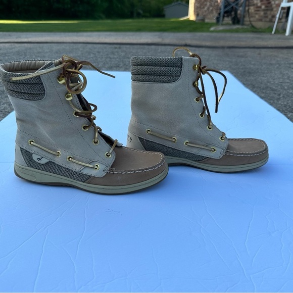 Sperry Hikerfish Women's Linen Leather Sparkle Suede Boots 7M Tan Gold - Picture 2 of 7